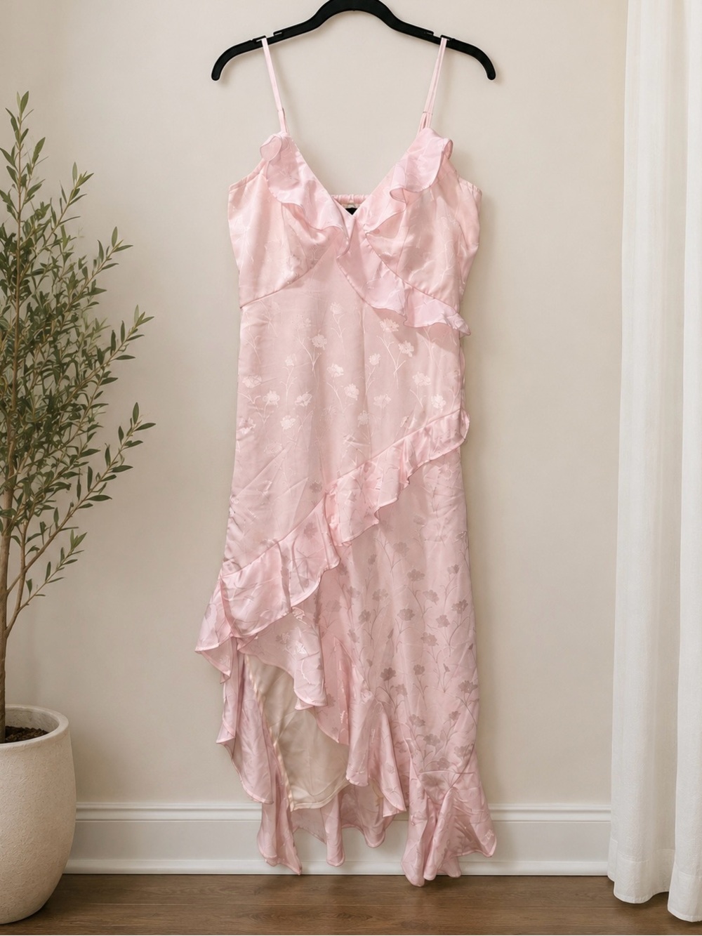 Women's Pink Ruffle Satin Slip Dress